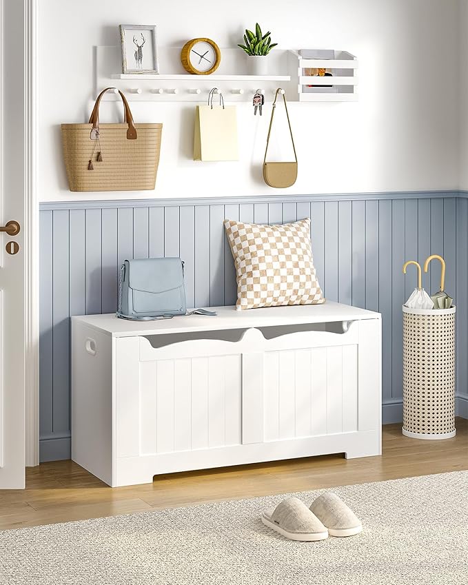 39.4" Storage Chest, Storage Bench Trunk with 2 Safety Hinges, Wooden Box, Lift-Top Chest Organizer, Shoe Bench for Entryway, Bedroom, Living Room, White 01003XSB
