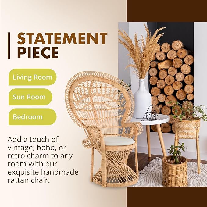 KOUBOO Peacock Grand Peacock Chair, Rattan Chair, Handmade, Accent Chair, Vintage, Retro, Boho, Furniture, Sunroom, Natural