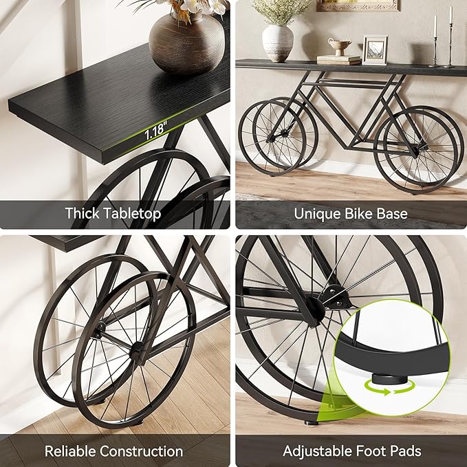 LITTLE TREE Narrow Sofa Table, 70.9-Inch Extra Long Console Table for Living Room, Entryway, with Unique Bicycle Metal Base. Black