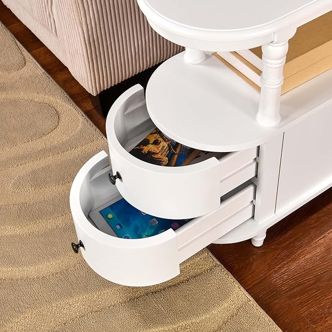 2 Set of Wood End Table with 2 Drawers and Storage Shelf, Narrow Sofa Side Table for Living Room, Vintage Slim Nightstand Bedside Table for Bedroom, Slim Chair Side Table White BGA508WT