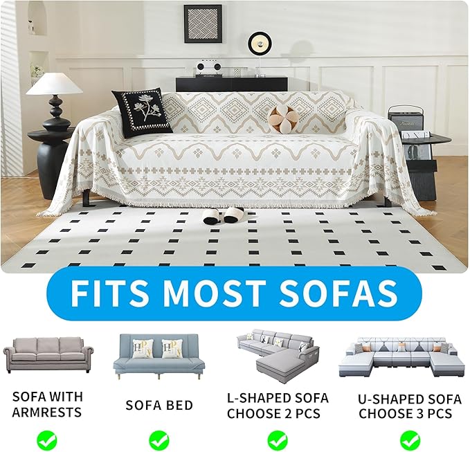 LUFEIJIASHI Boho Couch Covers for Sofa Non Slip Sofa Covers Washable Couch Covers for 3 Cushion Couch Sofa Pet Friendly Sectional Couch Cover Blanket Furniture Protector for Dogs (Khaki, 71"x134")
