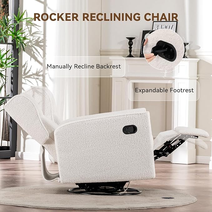 COMHOMA Nursery Rocking Chair Teddy Upholstered Swivel Rocker Recliner Manual Glider Reclining Chair for Living Room Bedroom Offices (Beige, 1 PCS)