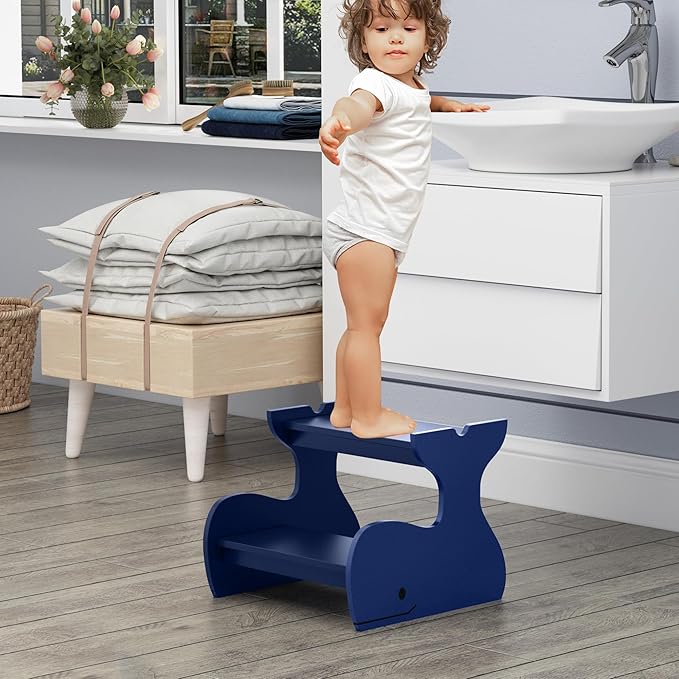 Wood Step Stools for Kids, Child Two Step Stool of Whale Shape, Toddler Step Stools Potty Training Stool, Easy to Move Safety for Kitchen, Bathroom, Bedroom, Toilet