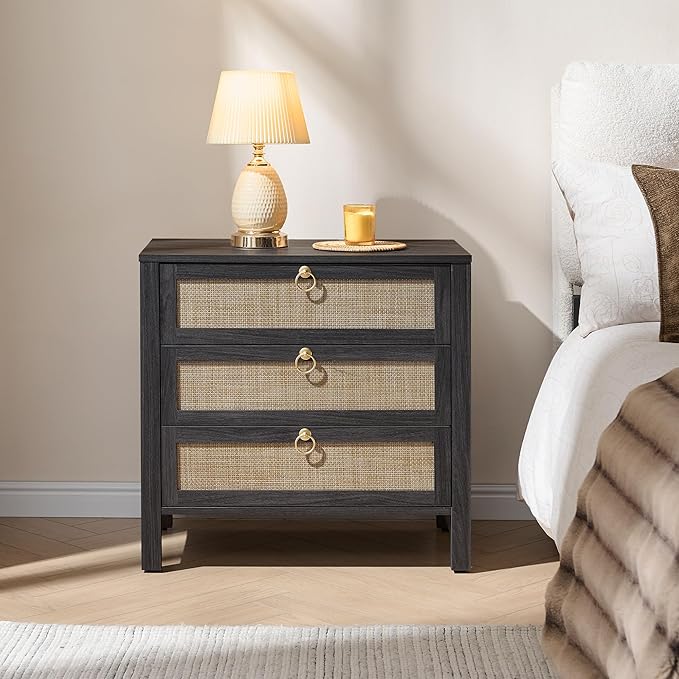 SICOTAS Nightstand Set 2 with Drawers - Large Rattan Bedside Table with Golden Handle, 3 Drawers Night Stand 26.78" Wide Side Table Boho Nightstand for Bedroom