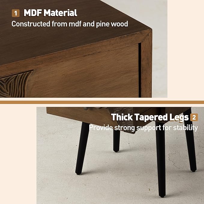 COSIEST Nightstand with Storage Drawer, Mid Century Modern Nightstand, Accent Side Table, Vintage Wood Luxury Night Stand Small Wood End Table for Bedroom, Living Room, Walnut
