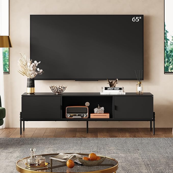WLIVE Modern TV Stand for 65 Inch TV, Mid Century Entainment Center with Storage, TV Console with Open Shelf and 2 Cabinets for Bedroom and Living Room, TV Cabinet with Metal Legs, Black