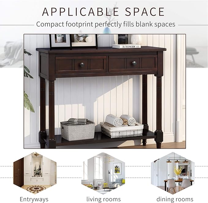 Merax Modern Wood Narrow Console Table for Entryway Hallway Front Door SideTable with Drawers and Bottom Shelf Espresso