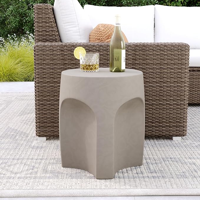 COSIEST Concrete Side Table Drum Shape,17''H Outdoor Side Table, Patio Accent Table Cement End Tables, Garden Decorative Stool, Plant Stand Drum Table, Grey