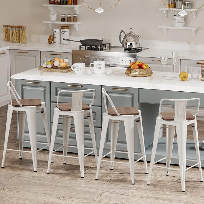 30 Inch Swivel Bar Stools Set of 4 with Backs Counter Height Industrial Metal Barstools Island Bar Chairs for Home Kitchen Dining Room (Swivel 30 inch, White Wooden)