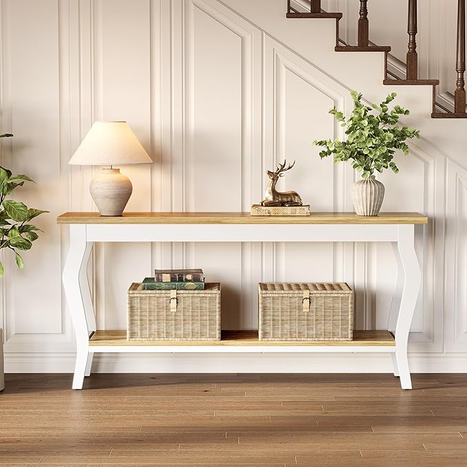 LITTLE TREE 70.9 Inches Long Console Table, 2-Tier Vintage Wooden Sofa Table Behind The Couch with Metal Legs for Hallway, Entryway, Living Room, White & Light Oak