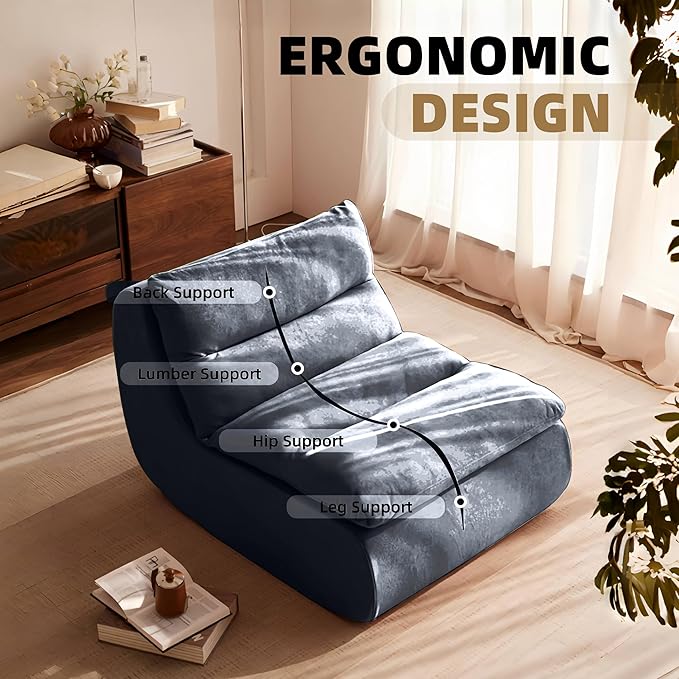 Bean Bag Chair - Memory Foam Bean Bag Chair for Adults, Comfy High-Resilience Single Sofa, Small Space Floor Chair, Chaise Lounge for Living Room, Bedroom (Dark Blue, Cushions)