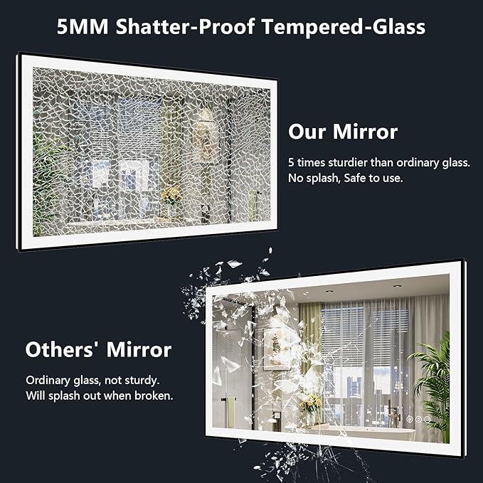 48x36 Inch LED Bathroom Mirror with Lights (Front Lit and Backlit) Black Framed Lighted Vanity Mirror for Bathroom Wall Dimmable Anti-Fog Memory Tempered Glass Horizontal/Vertical
