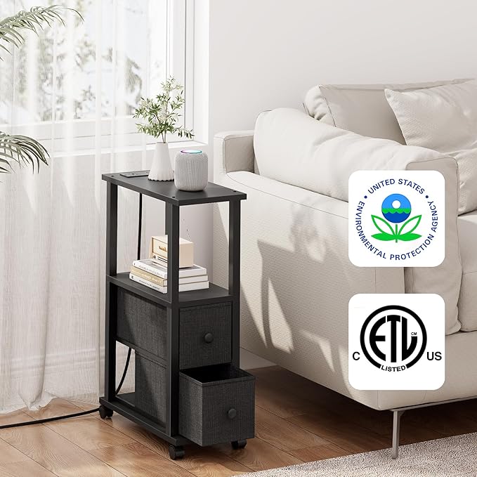 TUTOTAK Small Narrow End Tables, Side Tables with 2 Fabric Drawers, Set of 2, Bedside Tables with Charging Station for Small Spaces, Slim Nightstands with USB Ports and Wheels, TB01BK053