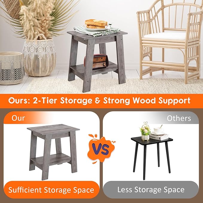 End Table, Side Table with 2-Tier Storage Shelf, Sofa Table for Small Space, Square Nightstand for Entryway, Farmhouse, Living Room, Easy Assembly, Grey
