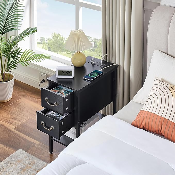 VECELO End Tables,Narrow Nightstands with Charging Station & USB Ports &Drawers,Night Stand for Living Room, Bedroom,Black
