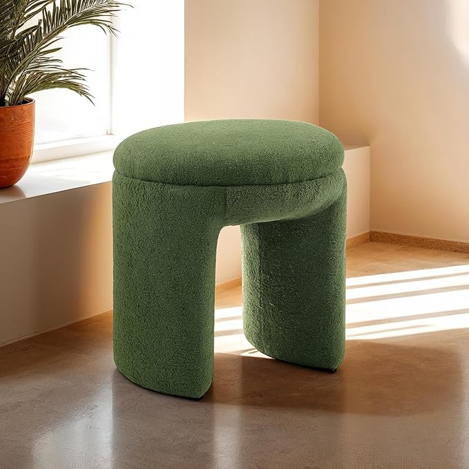 Furniture of America Rami Modern 18-inch Solid Wood Upholstered Ottoman with Pedestal Base, Vanity Stool Chair, Small Foot Stool for Bedroom, Living Room, Entryway, Green