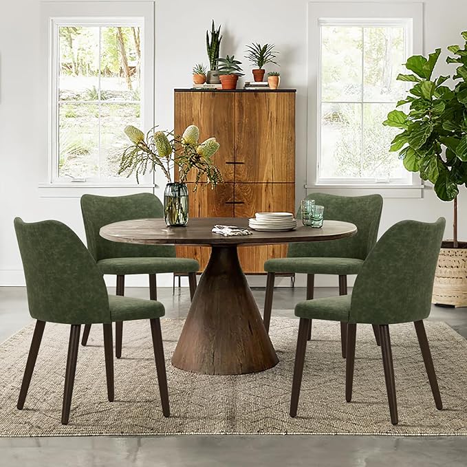 COLAMY Upholstered Dining Chairs Set of 2, Modern PU Leather Dining Room Kitchen Side Chair with Padded Seat and Wood Legs Restaurant/Cafe, Green