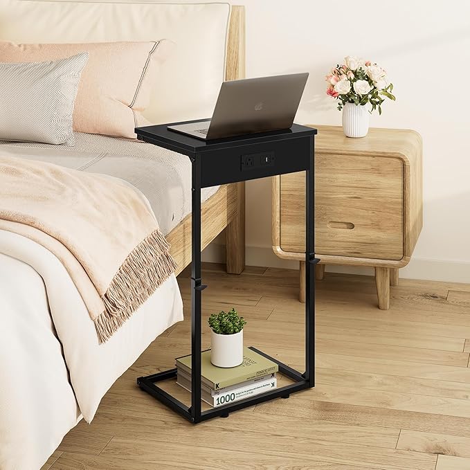 Vagusicc C Shaped End Table with Charging Station, Adjustable Height Side Table for Couch,Small Side Table Small Spaces, 33.2'' Tall Couch Tables that Slide Under, Tv Tray Table for Living Room, Black