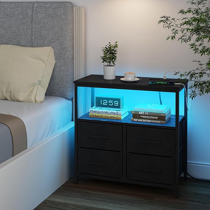 TUTOTAK LED Night Stand with Charging Station, Large Nightstand with USB and Type-C Port, Bedside Table with Cloth Drawers, End Table for Livingroom, Bedroom, Black TB01BK081L