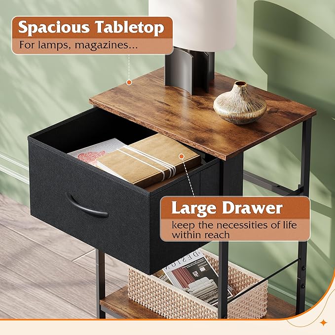 WLIVE Nightstand Set of 2, End Table with Fabric Storage Drawer and Open Wood Shelf, Bedside Furniture with Steel Frame, Side Table for Bedroom, Dorm, Black and Rustic Brown, 25.03" Height