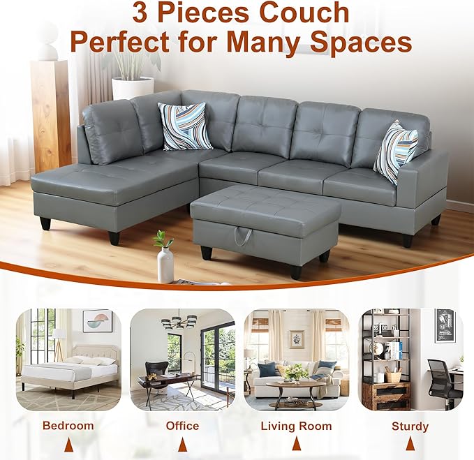 Osparple L Shaped Couch PU Leather Sectional Couches for Living Room Upholstered 3 Pieces Modular Sectional Sofa with Chaise, Ottoman with Storage for Living Room and Small Apartment, Dark Grey