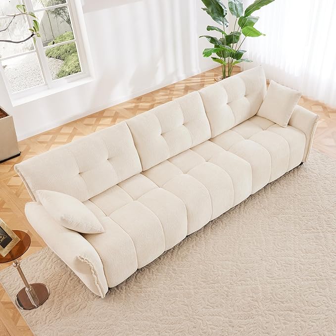 Modern Chenille Fabric 3-Seat Sofa w/ 2 Pillows, Premium Upholstery Living Room Couch with Tufted Backrest & Comfortable Armrests and High-Resilience Memory Foam Cushions,White