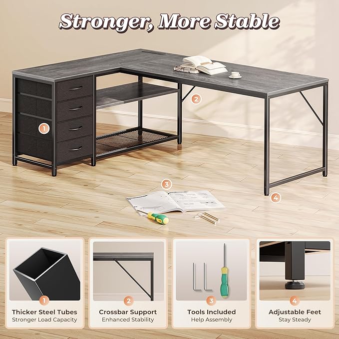 PRAISUN 61" L Shaped Desk with Power Outlets and USB-C Port, Reversible Computer Corner Office Desk with 4 Fabric Drawers and 2 Height-Adjustable Shelves, Large for Gaming Writing Work Study, Grey