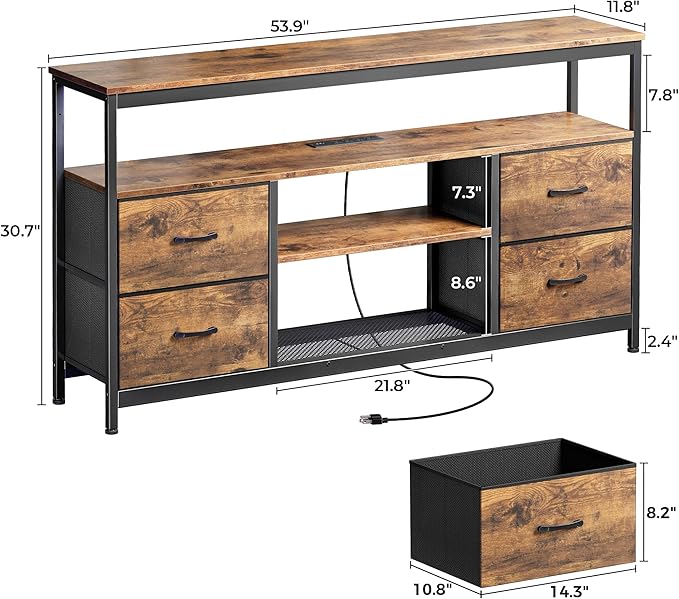 Huuger TV Stand Dresser with Power Outlets and LED Lights, 4 Drawers Entertainment Center with Shelves, 54 Inch Media Console for 55 60 Inch TV, 4 AC Outlets, 2 USBs, Rustic Brown