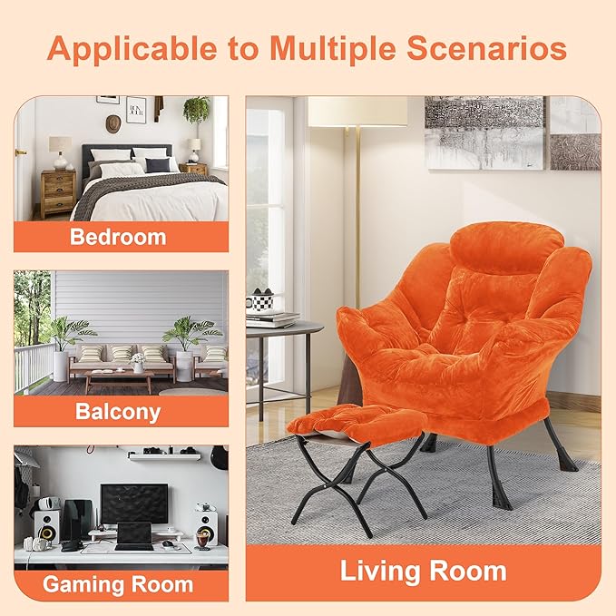 Fabric Lazy Chair with Ottoman, Oversized Upholstered Sofa Chair for Adults, Plush Comfy Lounge Chair with Large Side Storage Pocket, Reading Chair for Living Room, Bedroom, Office, Orange