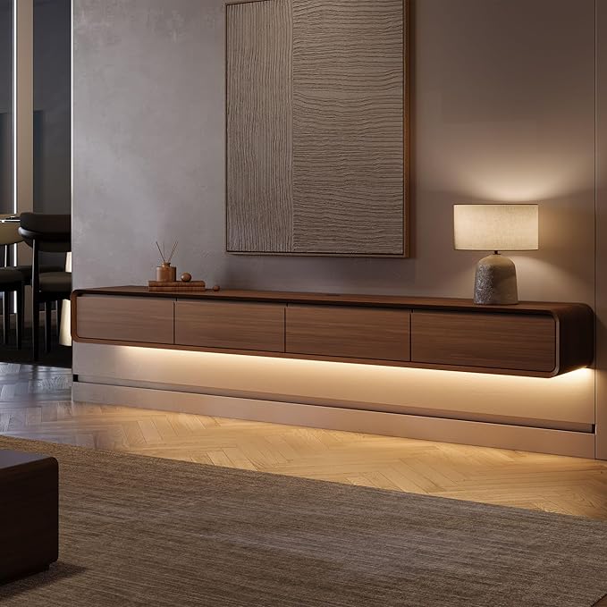 POVISON Fully-Assembled Minimalist Floating TV Stand with LED Lights, Modern Wall-Mounted Media Console with 4 Drawers for 85 Inch TV, Walnut Veneer, 94"