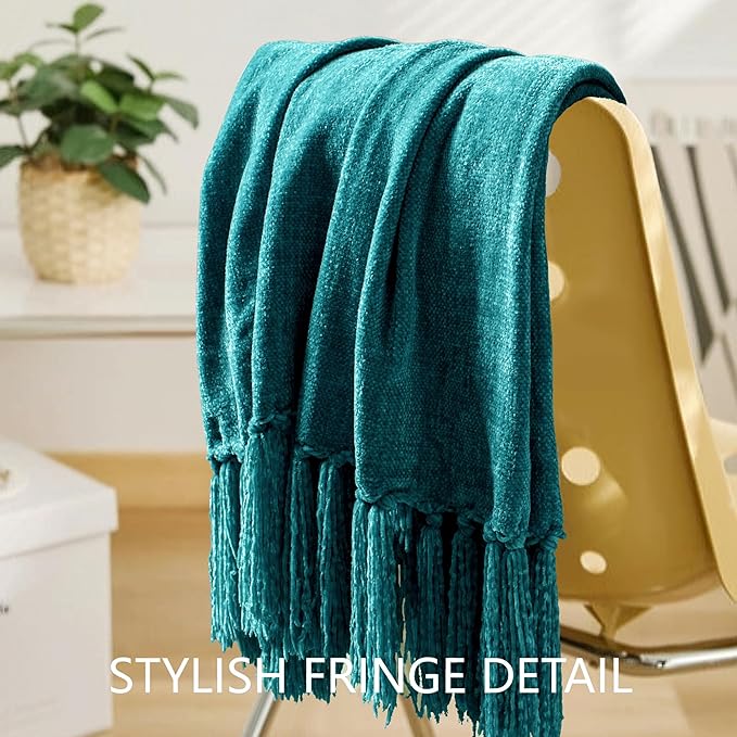 Chenille Throw Blanket for Couch 50"X 60", Soft Cozy Throws with Fringe Tassel for Bed Sofa Chair Cover, Lightweight Knitted Decorative Boho Blankets for Living Room, Teal