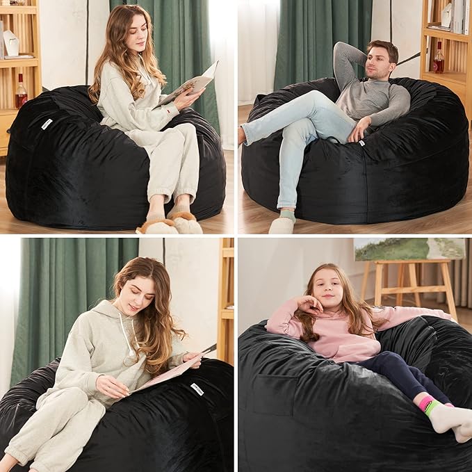 HABUTWAY Bean Bag Chair 3Ft Luxurious Velvet Ultra Soft Fur with High Rebound Memory Foam Bean Bag Chairs for Adults Plush Lazy Sofa with Fluffy Removable Sponge 3' (Black New)
