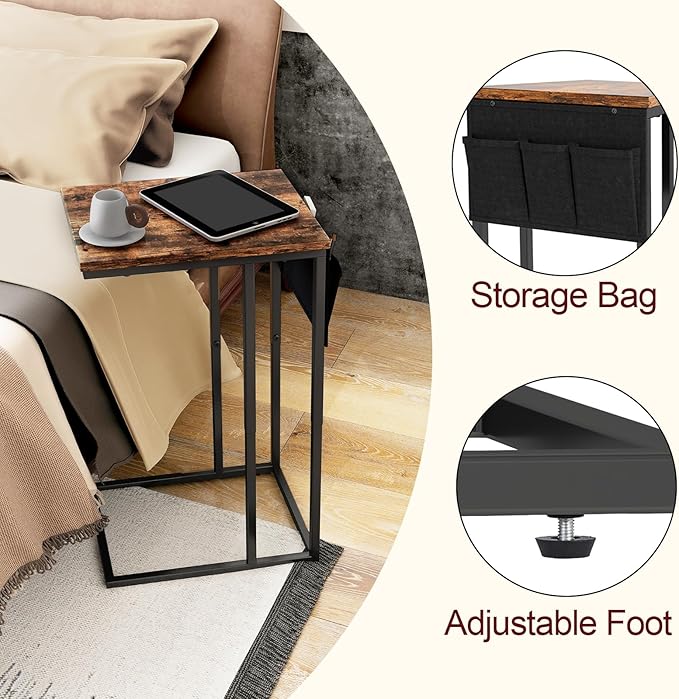 C Shaped End Table Set of 2 for Living Room, Couch Side Tables That Slide Under, TV Tray Snack Table for Sofa, Brown