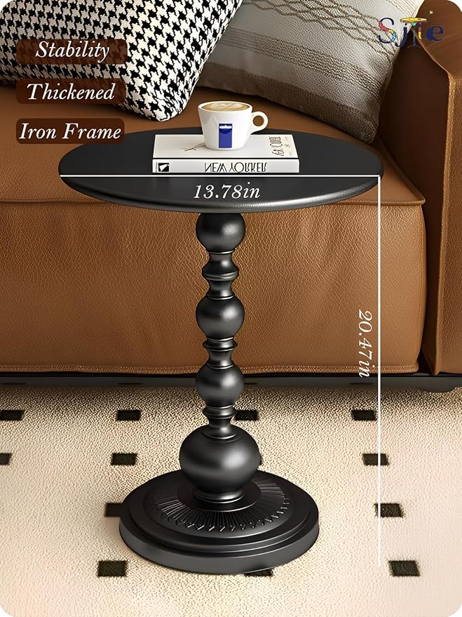 Side Table - 13.8" Round Small Accent Table with Metal Base, Multifunctional Vintage Coffee Table for Living Room, Bedroom, Office & Patio - Elegant Matte-Finished End Tables
