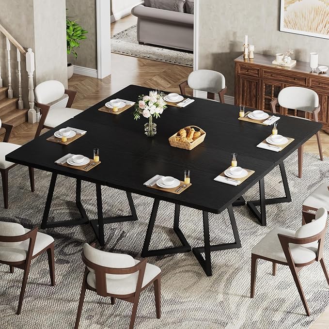 Tribesigns Square Dining Table for 10, 31.5" Industrial Dinner Table with Metal Base, Kitchen Table for Dining Room, Small Space, Apartment, Black