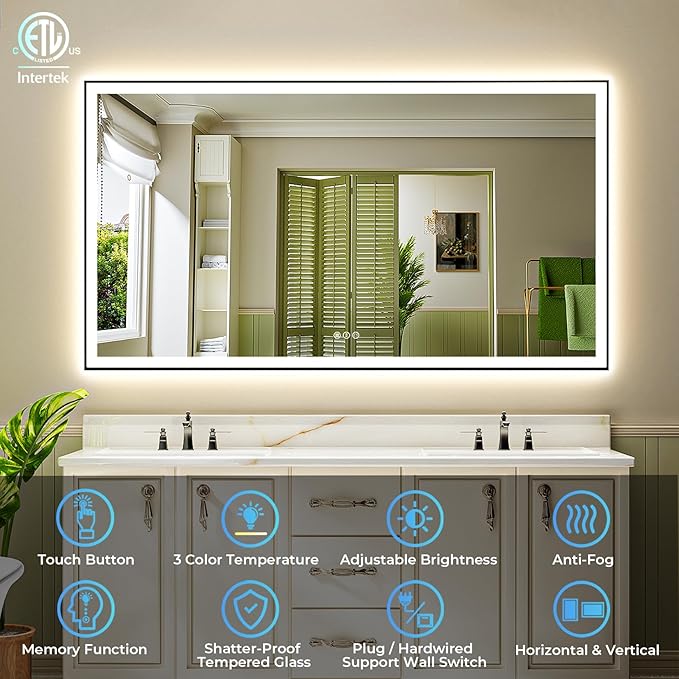 60x38 Inch LED Bathroom Mirror with Lights (Front Lit and Backlit) Black Framed Lighted Vanity Mirror for Bathroom Wall Dimmable Anti-Fog Memory Tempered Glass Horizontal/Vertical