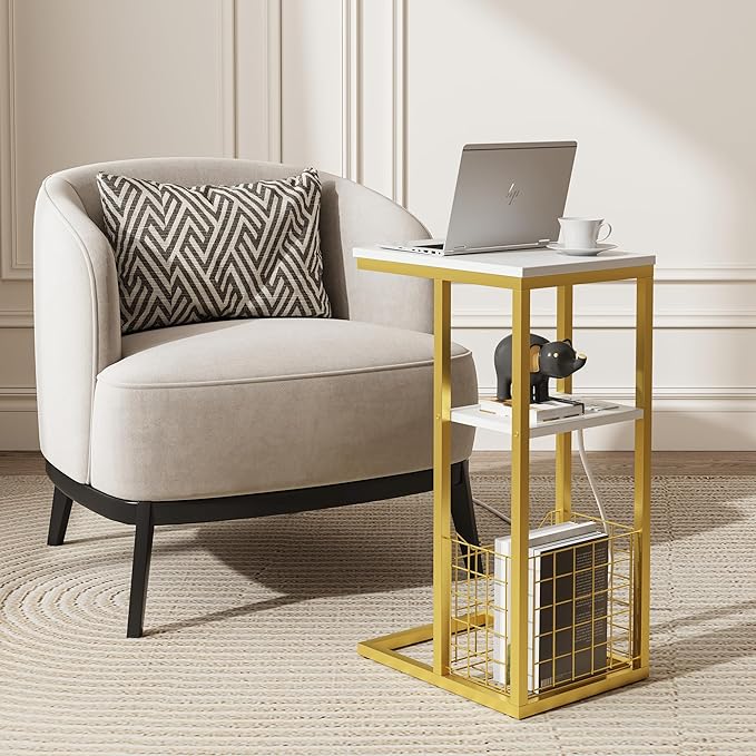 Vagusicc C Shaped End Table with Charging Station, Side Table for Couch, Small Side End Table for Small Spaces, 28" High Slide Under Sofa Table for Coffee, Tv Tray Table for Living Room, Golden
