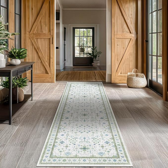 Oushak 3x16 Wide Hallway Runner Rug - Vintage Turkish Floral, Washable Low Pile Non Slip 16ft Extra Long Runners for Large Kitchen, Hall Way - Light Blue and Green Décor