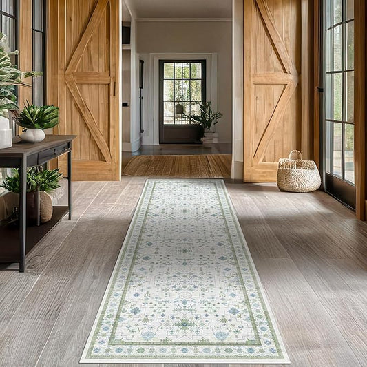 Oushak 3x16 Wide Hallway Runner Rug - Vintage Turkish Floral, Washable Low Pile Non Slip 16ft Extra Long Runners for Large Kitchen, Hall Way - Light Blue and Green Décor