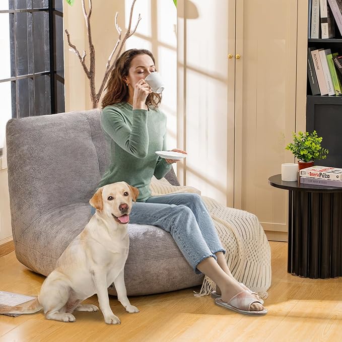 Bean Bag Chairs for Adults, Memory Foam Bean Bag Chair, Spacious Single Sofa, Ergonomic Support Reading Floor Sofa Chair with Filler, Comfy Cozy Beanbag Couch for Bedroom Living Room (Grey)