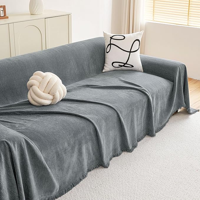 hyha Couch Cover for Dogs, Boho Sofa Covers for 3 Cushion Couch Washable, Chenille Sofa Slipcover for Pets, Soft Loveseat Sectional Couch Throw Blankets with Tassels (Grey, 71x118 Inch)