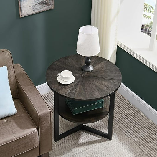 LEEMTORIG Round Side Table, Large 2-Tier End Table Nightstand with Metal Legs, Modern Bedside Couch Table for Living Room, Bedroom, Office, Rustic Black/Black, 25.2 x 25.2 x 24 inches CJZ-1338-BK