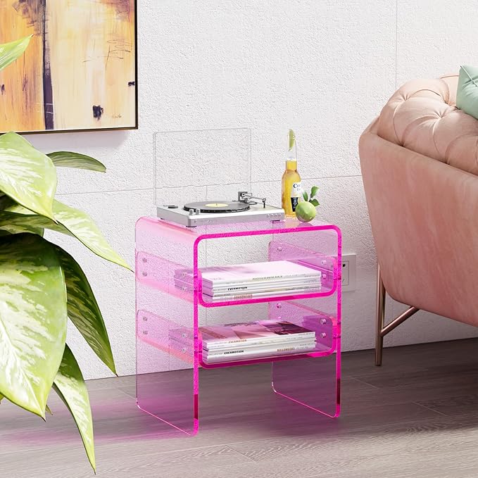 Clear Acrylic 3-Tier End Table/Nightstand – Sleek Bedside Storage with Durable Design, Perfect for Bedrooms, Living Rooms, or Modern Interiors – Ideal as a Bedside Table or Sofa Side Piece (Pink)