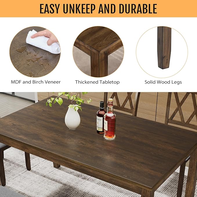 6-Piece Solid Wood Dining Table Set, Dining Table & Chair Set for 6, Including 1 Dining Table, 4 Upholstered Chairs and 1 Bench, Dining Table Set for Dining Room & Kitchen, Walnut