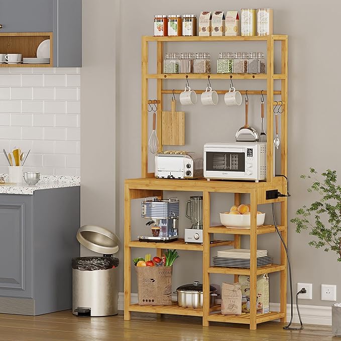 Bakers Rack with Power Outlets, 8-Tier Microwave Stand, Kitchen Utility Storage Shelf 10 S-Shaped Hooks, Coffee Bar Table Station, Standing Rack, 31.5 x 15.7 x 65 Inches, Bamboo