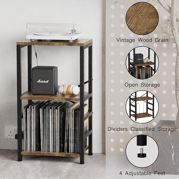 End Table with LED Light,Record Player Stand with Albums Storage,Vinyl Records Storage,Turntable Stand Side Table for Music Room Studio Living Room Bedroom-Retro
