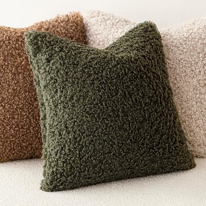 Foindtower 2 Pieces 24x24 Inch Olive Green, Faux Fur Throw Pillow Cover Accent Sherpa Furry Pillow Covers Fuzzy Soft Pillowcases Cozy Sheepskin Decorative Fleece Cushion Case for Bed Couch Living Room