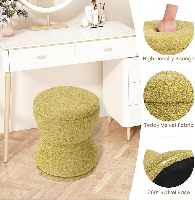 Ottoman with Storage, 360° Swivel Boucle Ottoman Vanity Stool, Upholstered Footstool with Storage Removable Lid, Modern Round Boucle Footrest Coffee Table for Living Room, Bedroom, Green