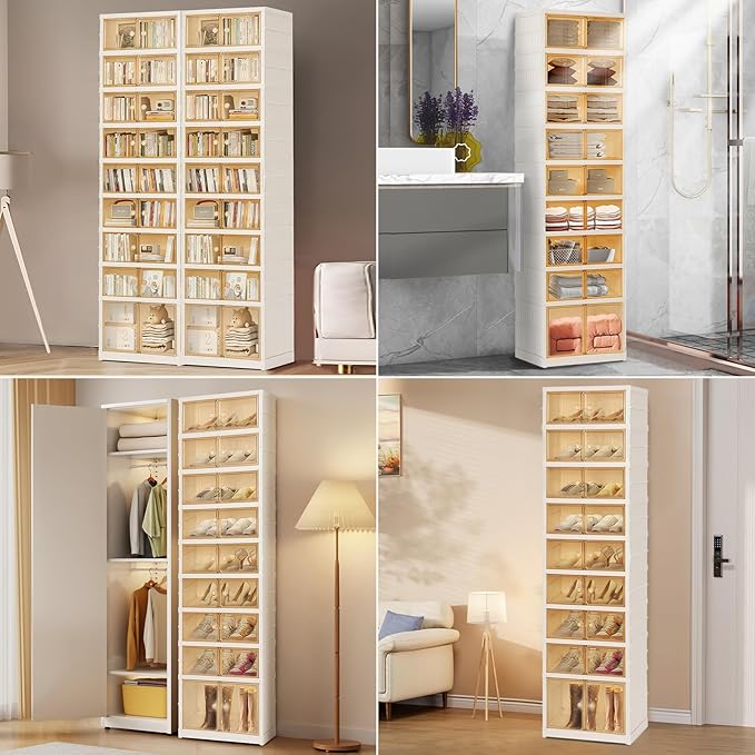 Foldable Shoe Organizer Storage Box, Portable Extra Large Folding Shoe Rack for Closet, Shoe Storage Box with Magnetic Transparent Door and Wheels, 9 Layers 18 Grids with 2 Big Grids