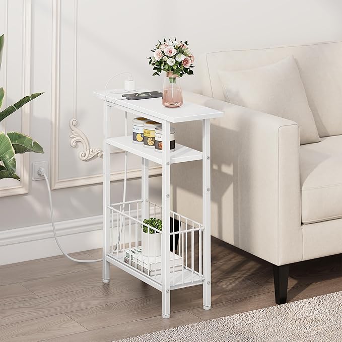 Vagusicc Narrow Side Table with Charging Station, Skinny Side End Table for Couch, 3-Tier Small End Tables for Small Spaces, 25.2" Tall Slim Nightstand Bedside Table for Living Room, Bedroom, White
